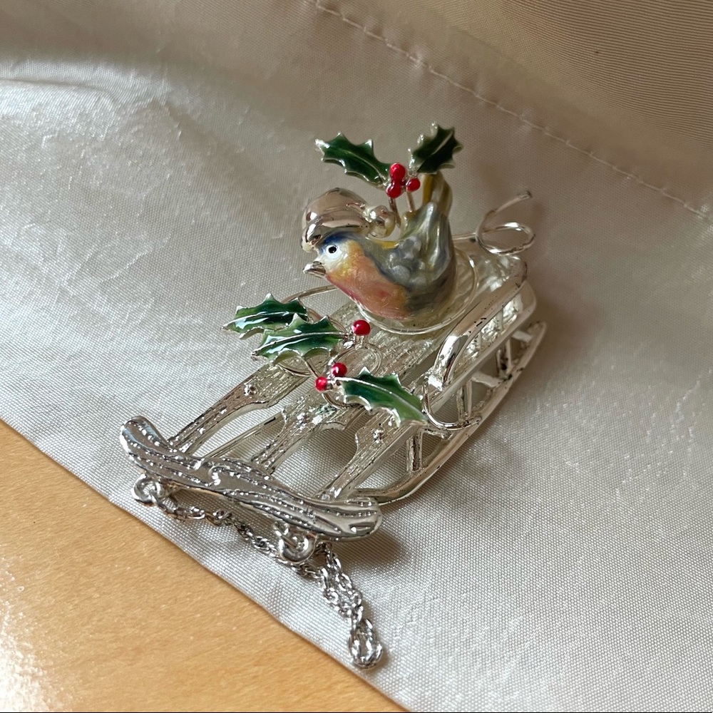 Christmas Pin; Sled Brooch; Winter Pin; Bird Pin